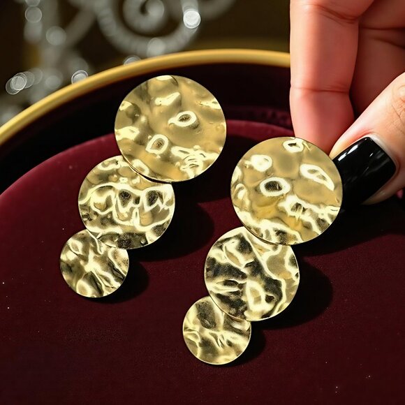 🆕️Hammered Circle Disc Earrings 18K Gold Plated Stainless Steel Statement - Picture 1 of 13